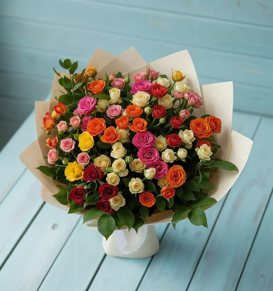 Букет Микс из разноцветных кустовых роз в Видном