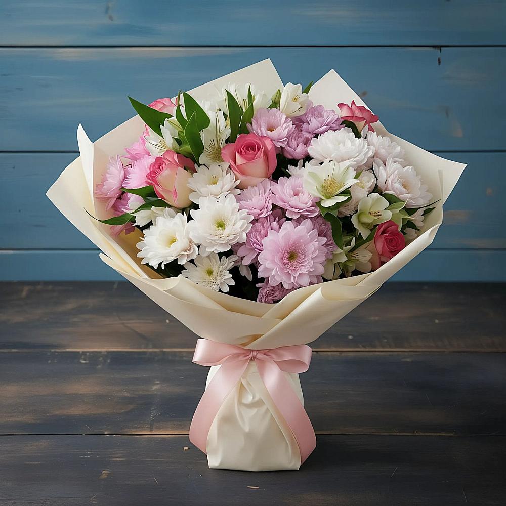 Букет цветов из: Хризантемы, Альстромерии и Розы в Видном